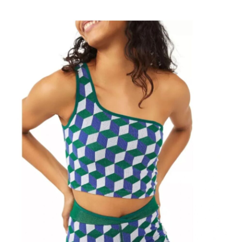 FP Movement Free Throw One Shoulder Jacquard Sports Bra Green Geometric M/L